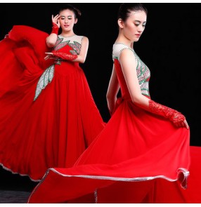 Red white patchwork full big skirted long length women's ladies flamenco opening chorus stage performance opening Spanish folk bull dance dresses outfits